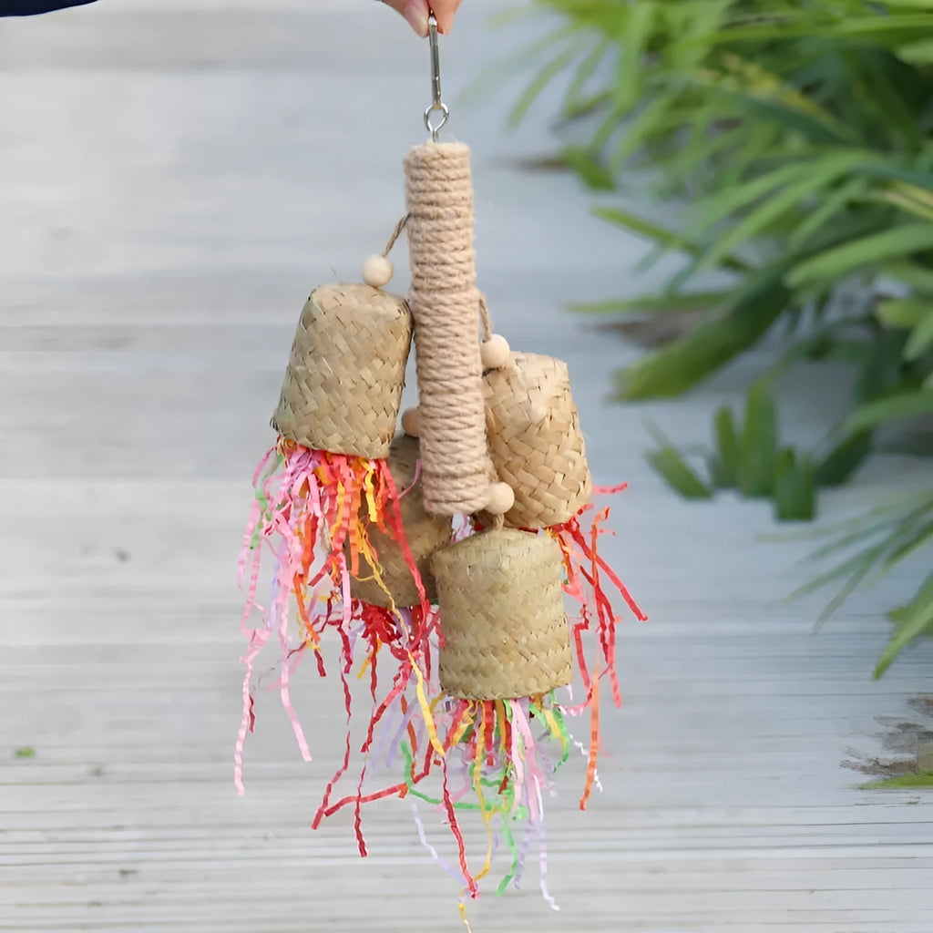 Wood and sisal rope shredded paper bird toy for parrots measuring 15cm by 35cm