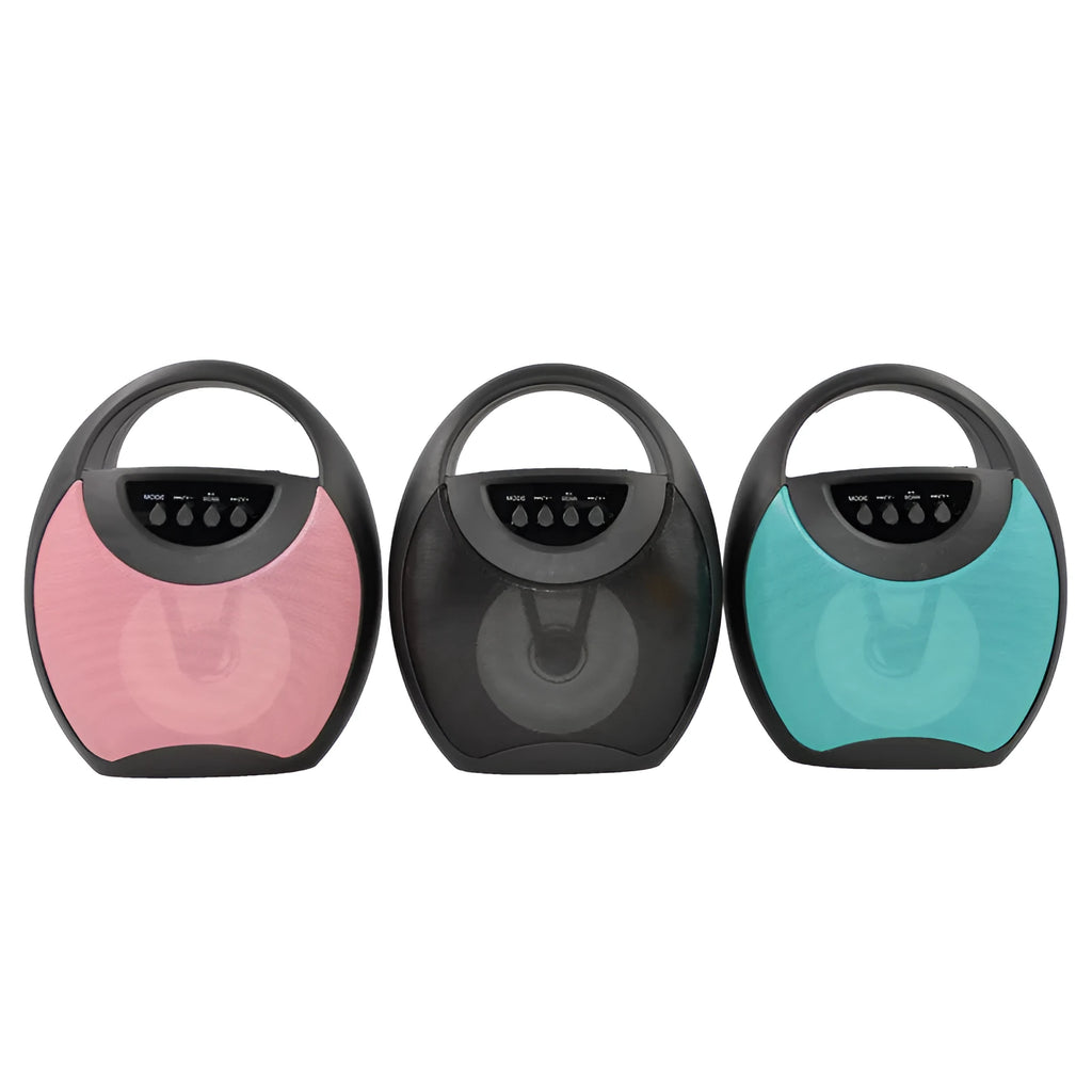 Black portable Bluetooth speaker with USB port and SD card slot.