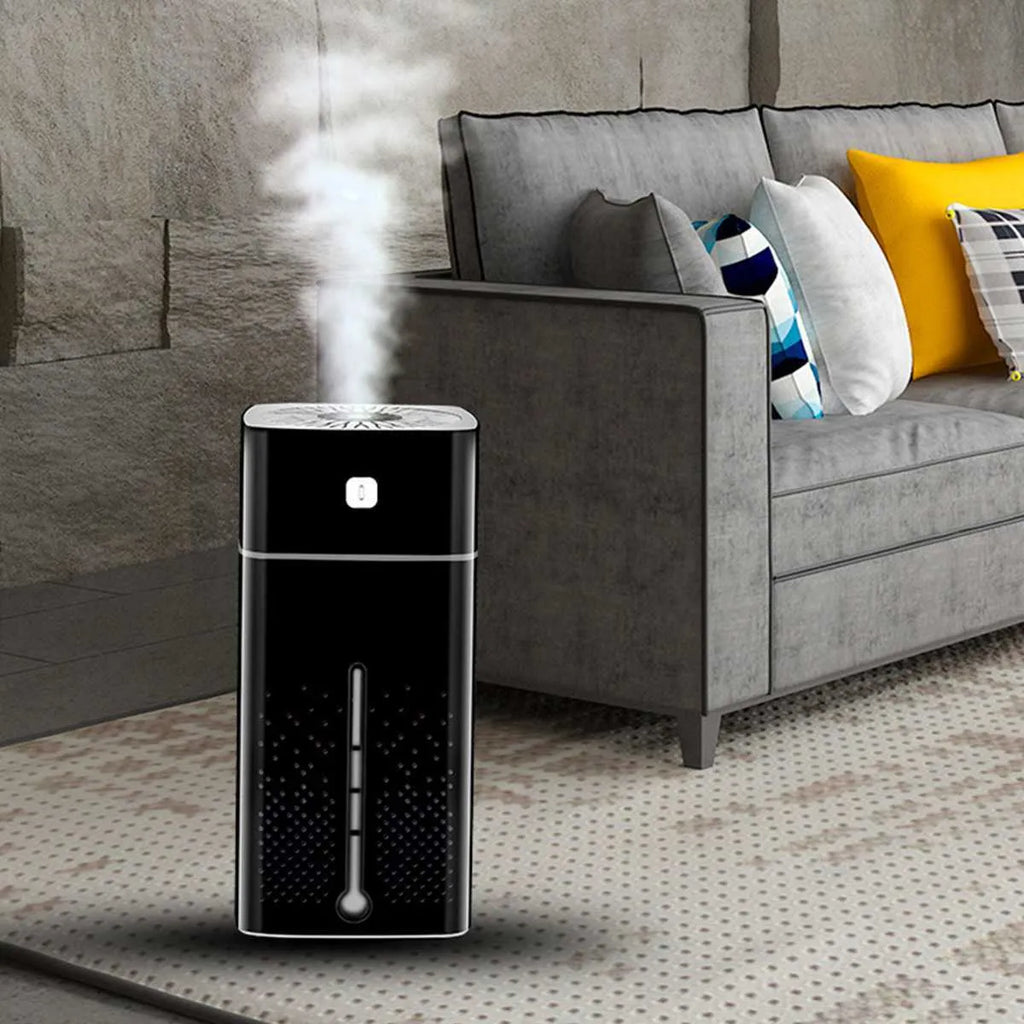 Black or white desktop humidifier measuring 103mm by 103mm by 218mm with USB cable