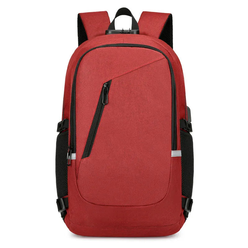 Oxford cloth computer backpack in blue, showing front view with dimensions 50cm high by 19cm wide.