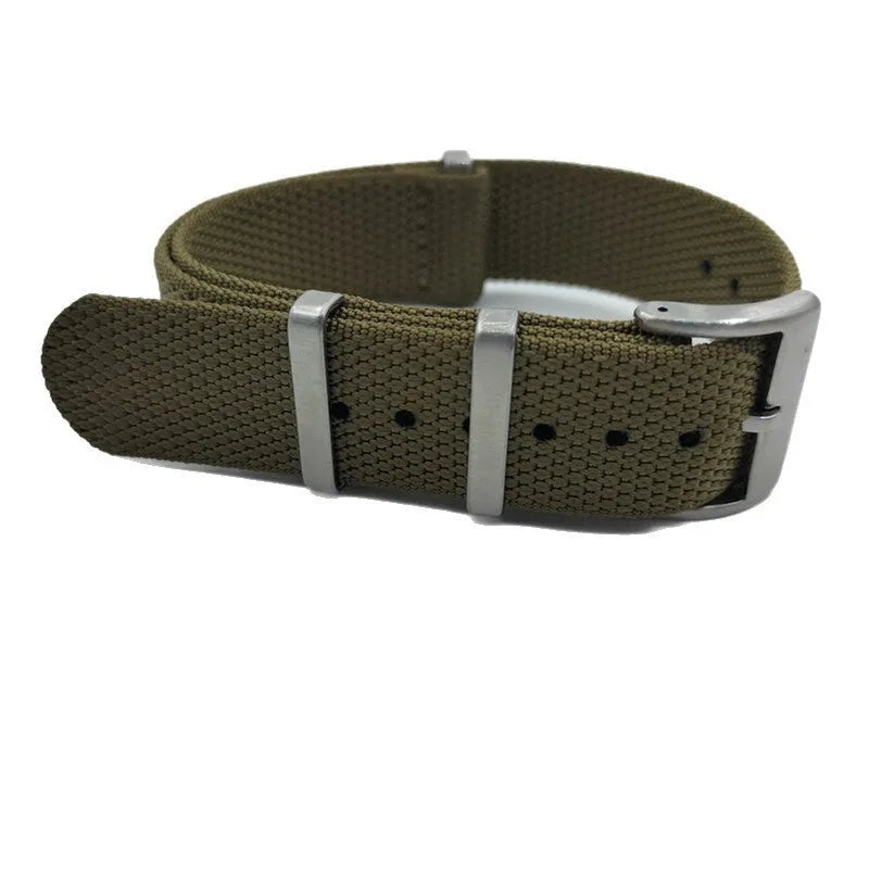 Textile nylon watch strap in Army Green colour showing integrated design and adjustment holes