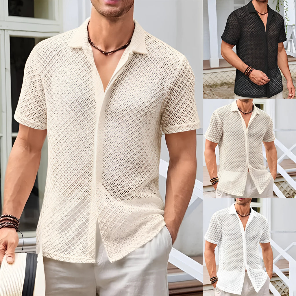 Men's solid colour mesh short sleeve shirt with lapel and cardigan style