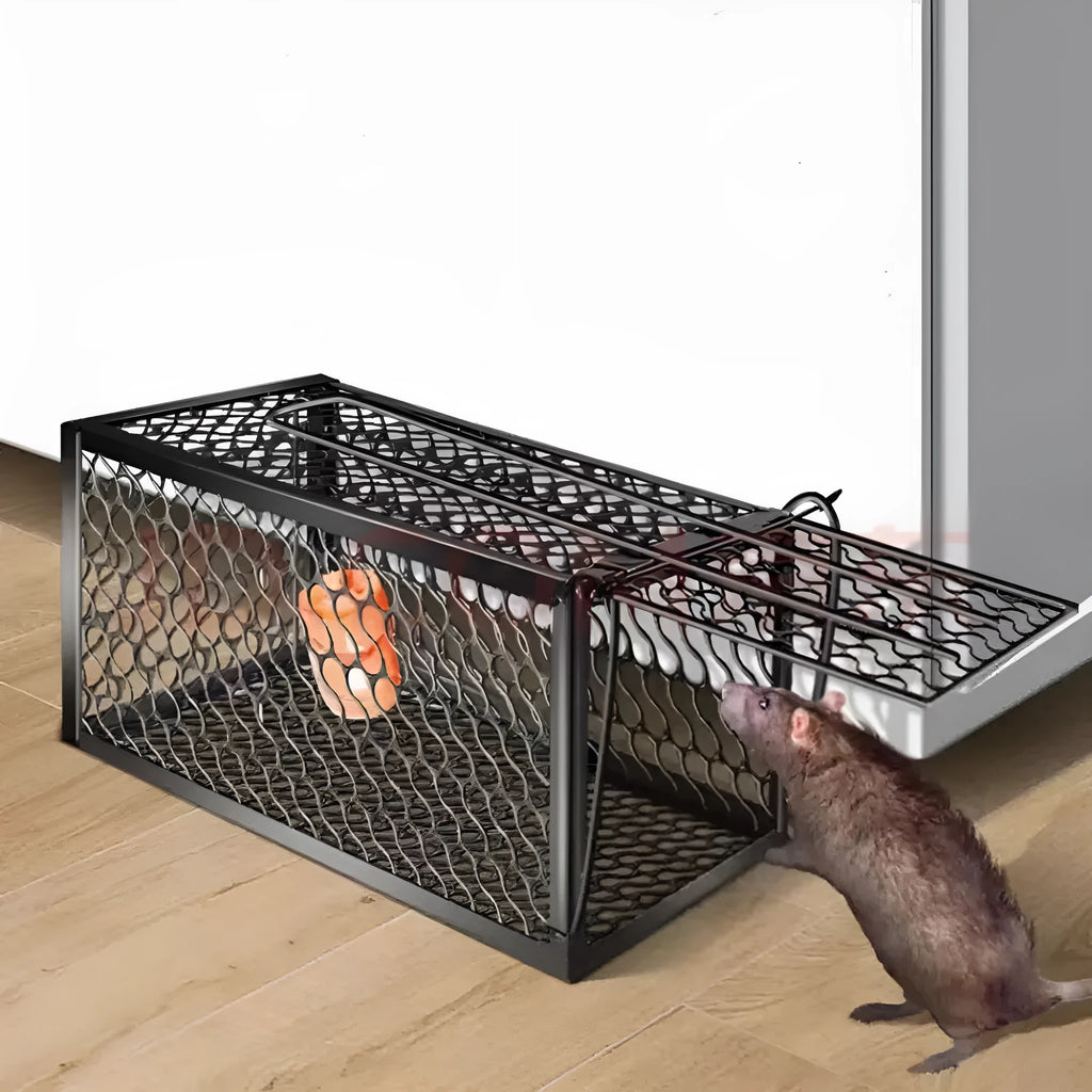 Automatic reusable mouse trap shown in small, medium, and large sizes with metal and plastic variants.