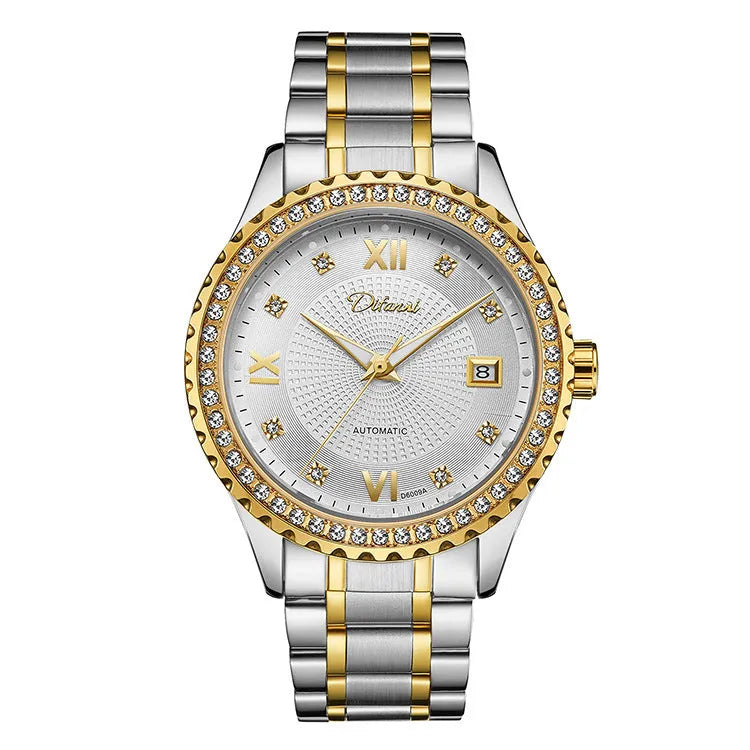 Men's gold automatic mechanical watch with white dial and waterproof luminous features
