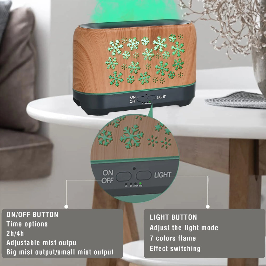 Wood grain snowflake pattern aromatherapy humidifier with colourful flame effect lighting on desktop
