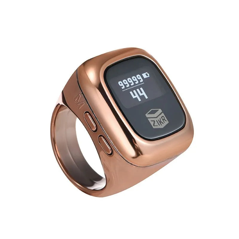 Al-Fatiha electronic dhikr counter with digital display in rose gold, black, and green colour options.