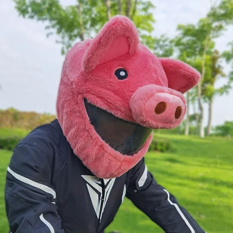 Pink pig cartoon plush hood for motorcycle helmet protection with matching storage sleeve