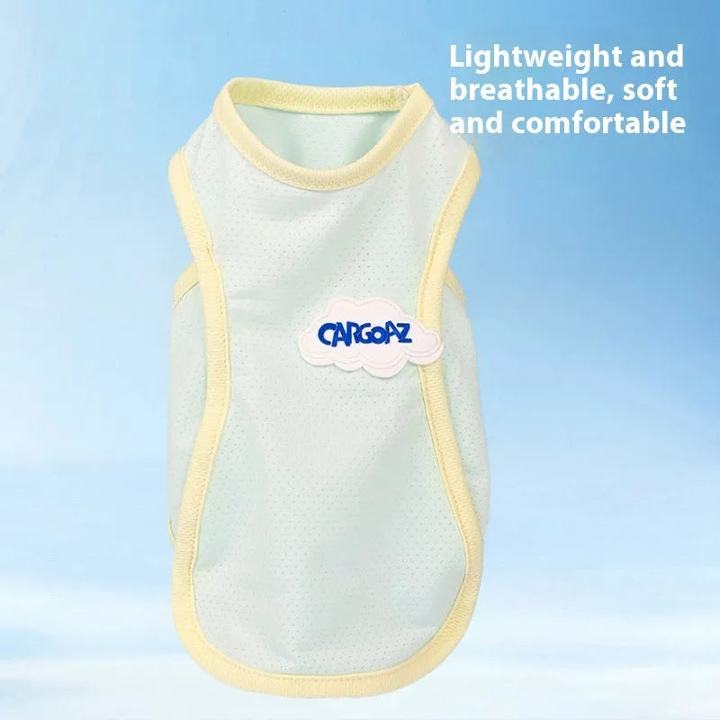 Cat wearing lightweight green mesh cooling vest with sports-style design