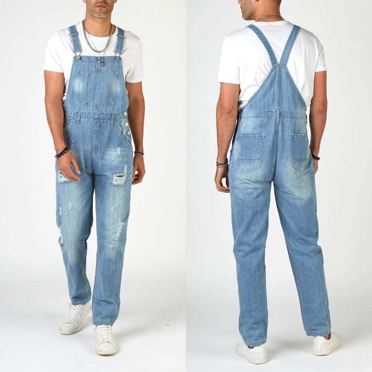 Light blue men's jeans with ripped detailing, suspender straps, and high-waist retro styling