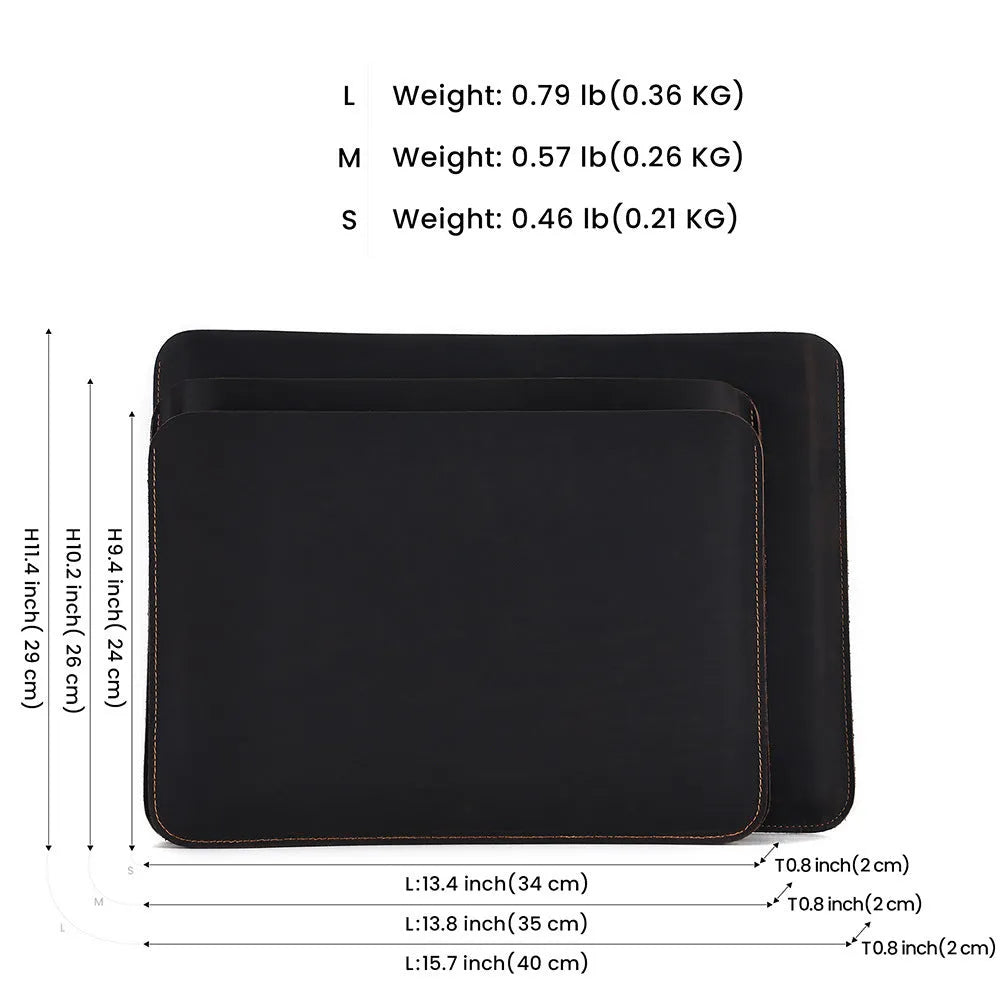 Brown genuine leather horizontal computer liner bag with cowhide lining showing interior compartments