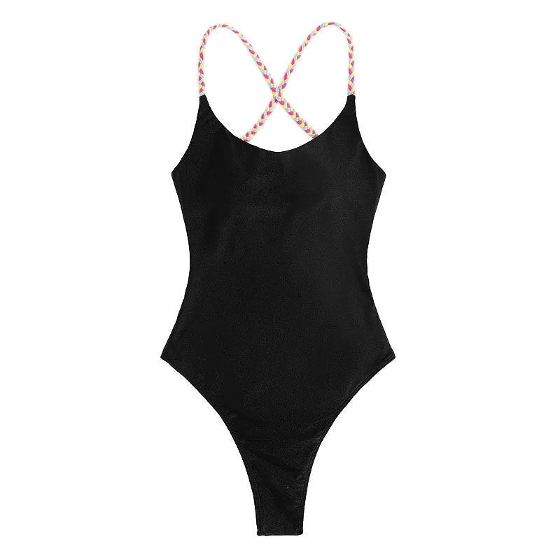 Black backless one-piece swimsuit for women with sleeveless design and solid colour