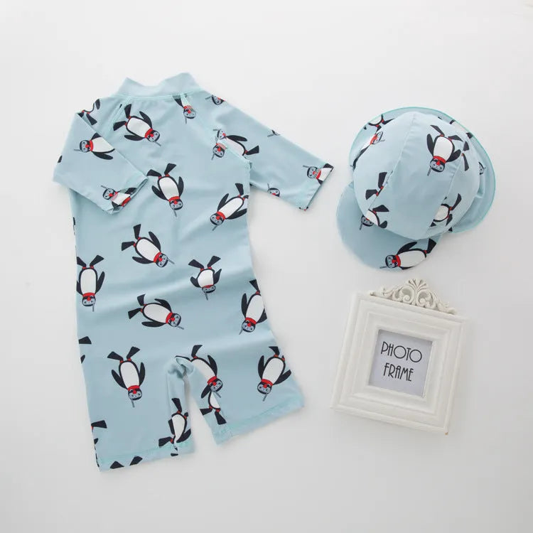 Boy's penguin print long sleeve swimsuit set with swimming cap for sun protection