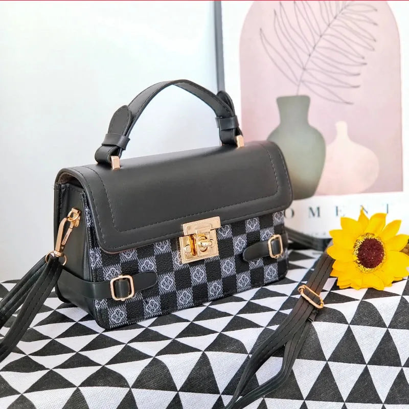 Retro square pattern crossbody bag in apricot colour with ethnic stitching and flower decoration