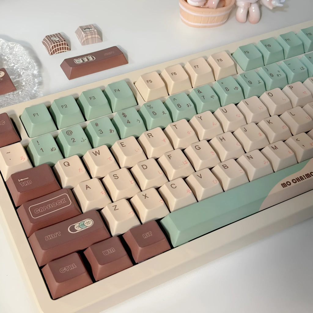Matcha green theme keyboard keycap set with cross-satellite shafts and full-side sublimation printing