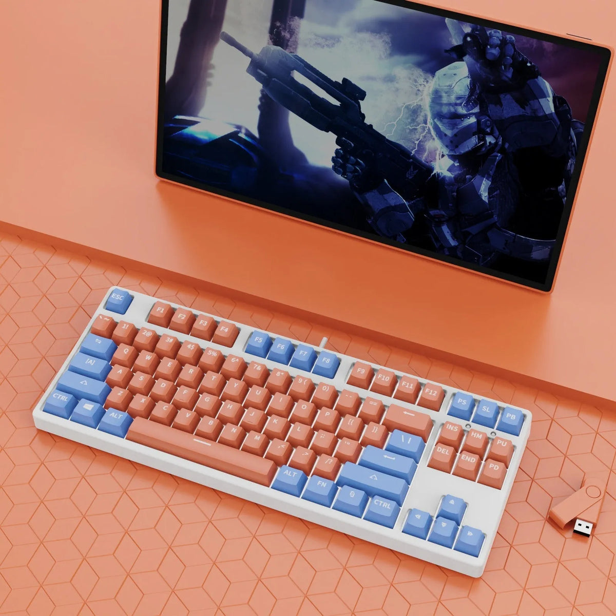 87 key wired mechanical keyboard with hot-swappable switches showing dual-colour keycap theme on metal body