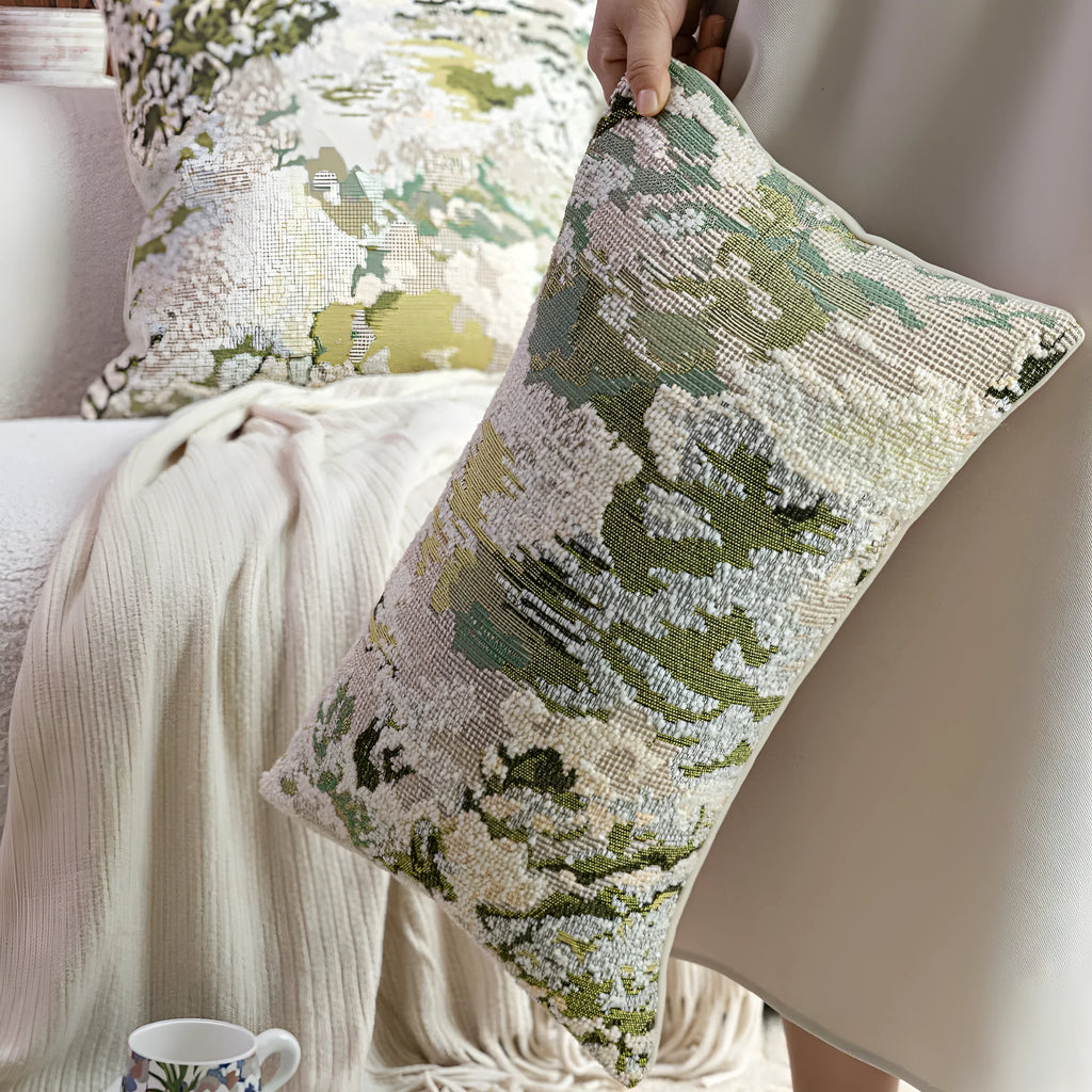 French style antique green wool blended abstract pillow case with spring flower botanical pattern