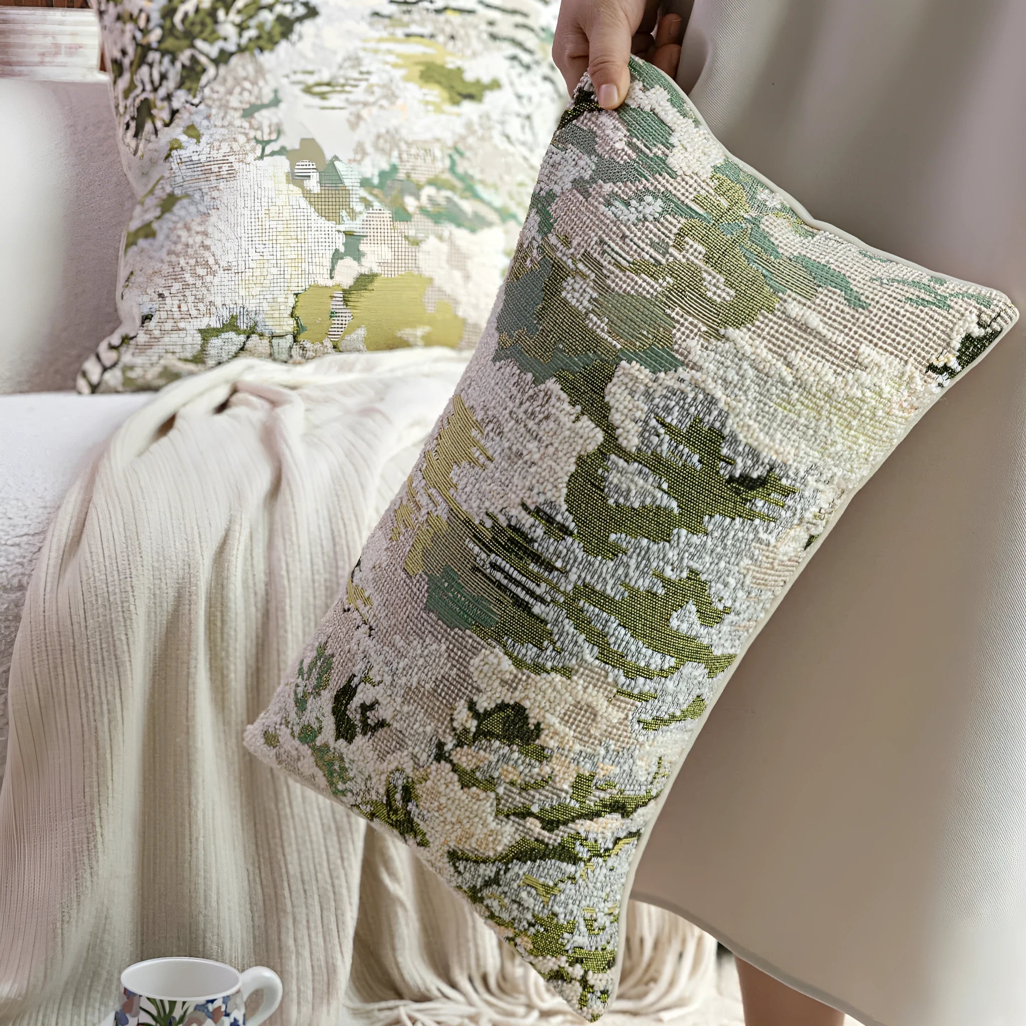 French style antique green wool blended abstract pillow case with spring flower botanical pattern