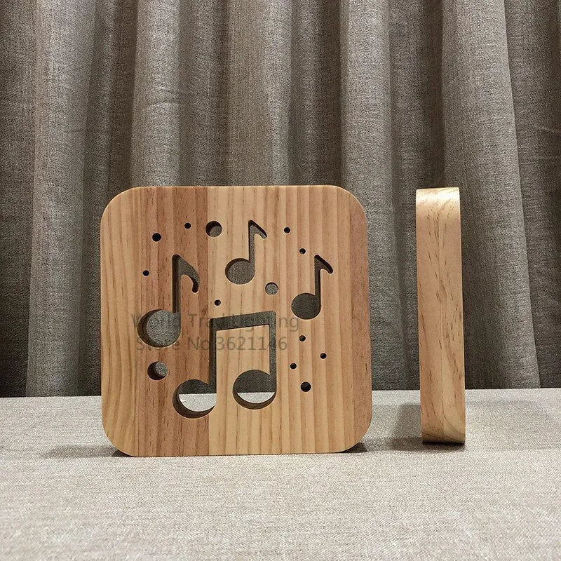 Wooden square LED atmosphere lamp with warm white 3D lighting and USB cable