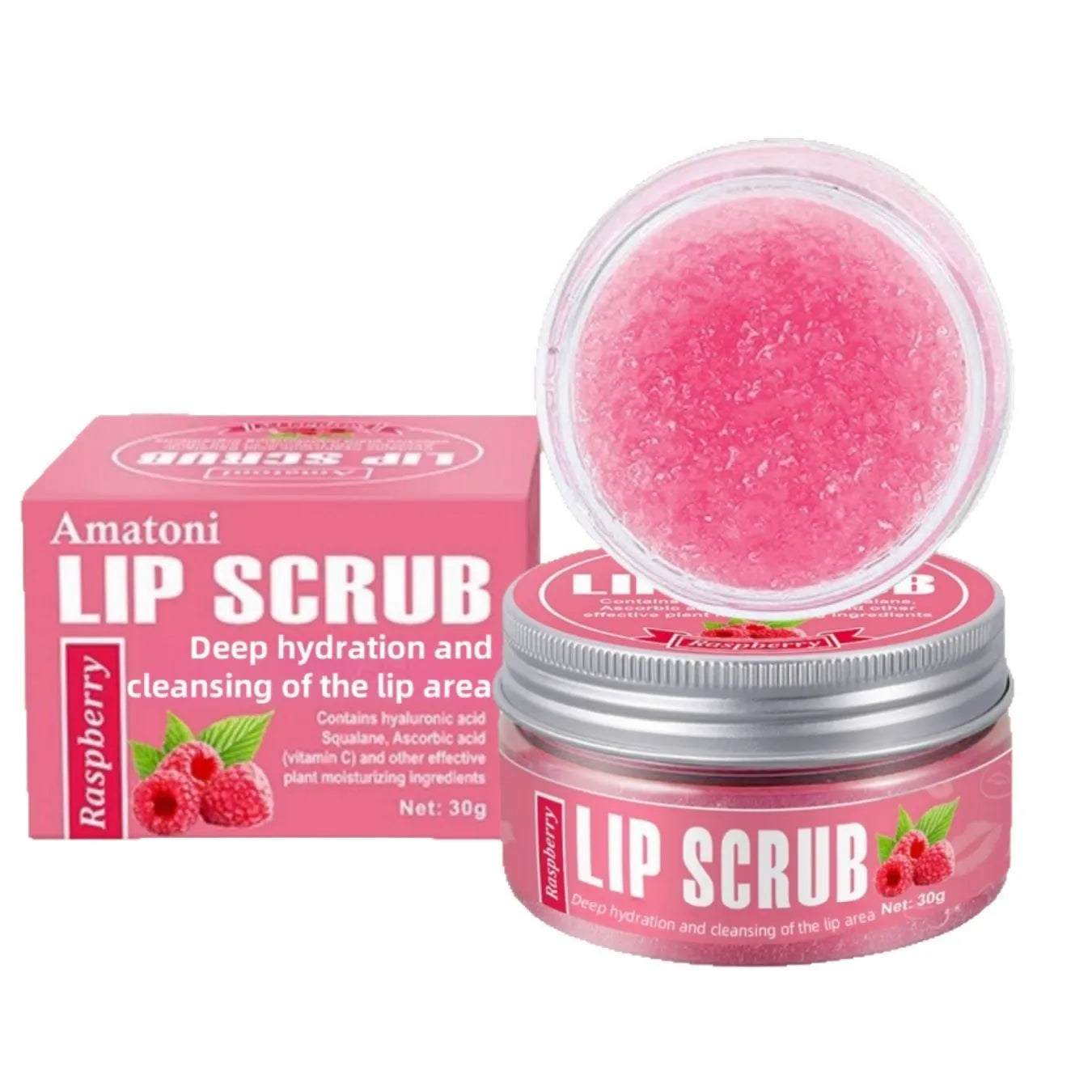 Amatoni Lip Scrub Cream pot in fruit flavours including coconut, raspberry, vanilla, and watermelon, 30g net weight.
