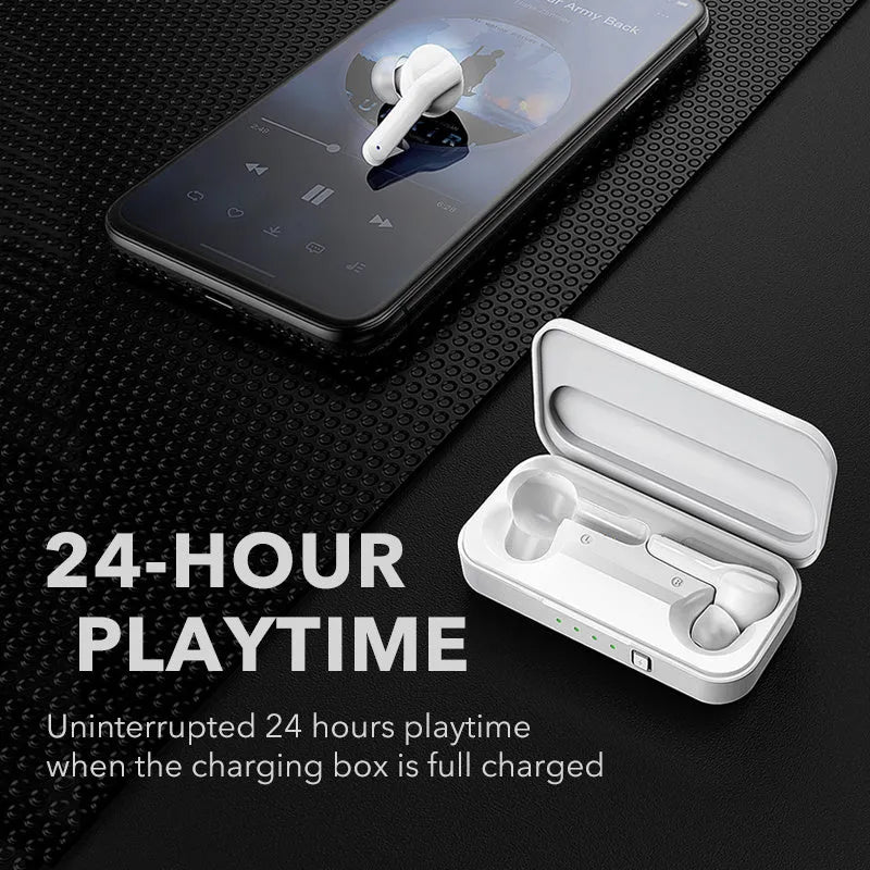 Black and white TWS wireless Bluetooth earbuds with an IPX5 waterproof rating.