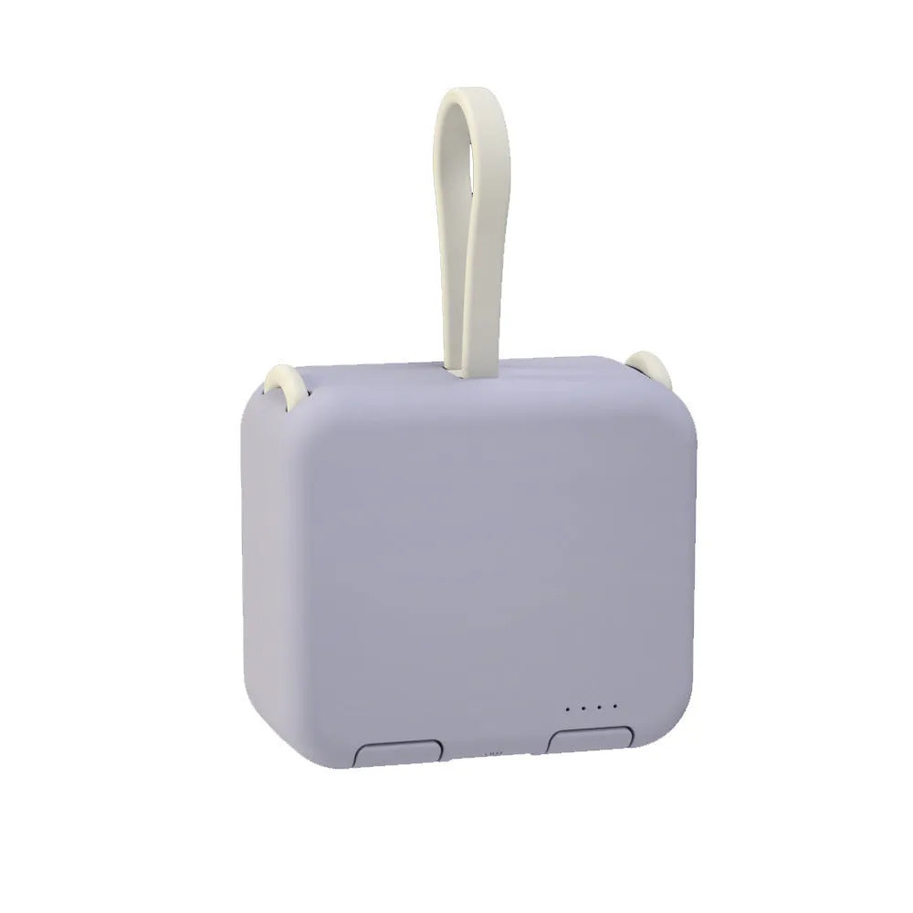 Handbag back clip power bank in blue, showing clip, phone stand function, and Type-C charging ports.