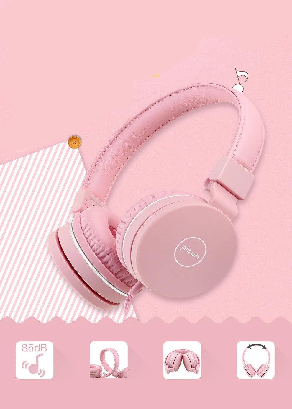 Wired over-ear headset with 3.5mm plug, 40mm drivers, microphone, and protein material earmuffs in pink