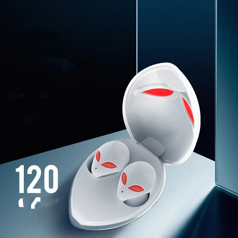 Creative Outer T8 Starman alien design Bluetooth headset with red LED lights and charging case.