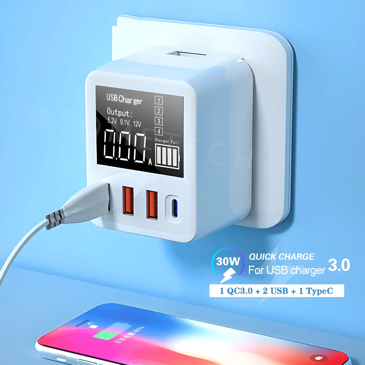 White A9T four-port USB travel wall charger with LED display and a UK three-pin plug.