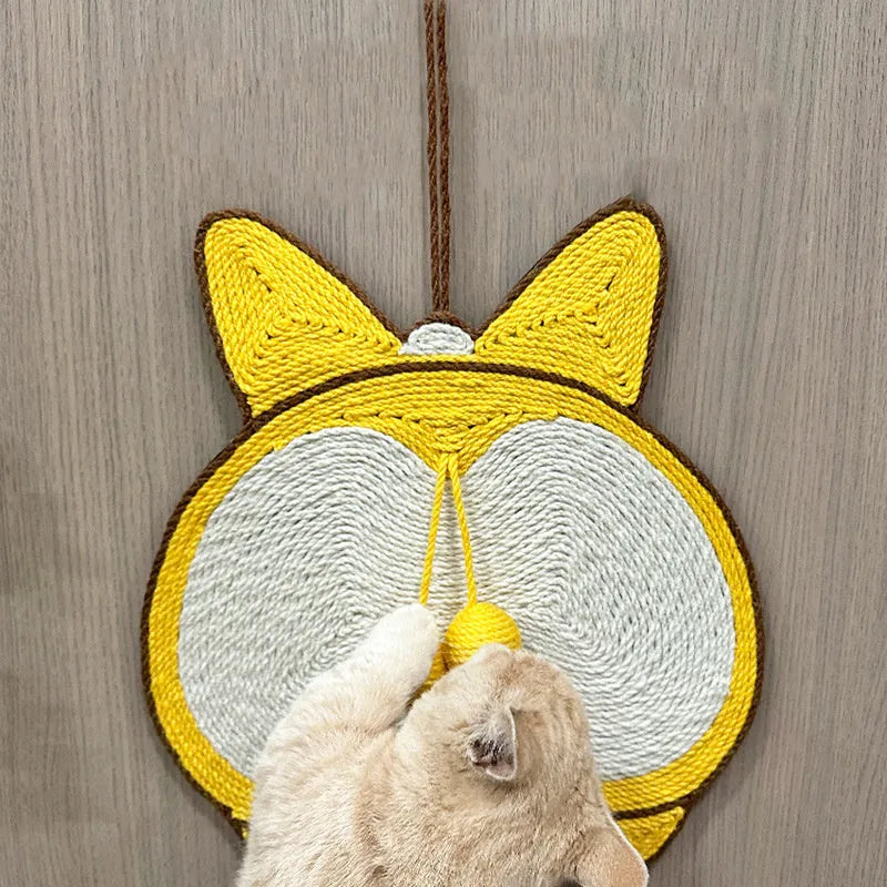 Yellow Corgi butt design sisal cat scratching pad with anti-slip base and wall mounting hooks