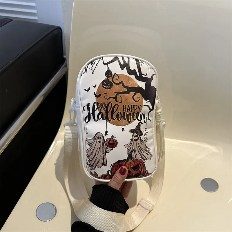 Halloween graffiti print crossbody shoulder bag with pumpkin ghost bat design