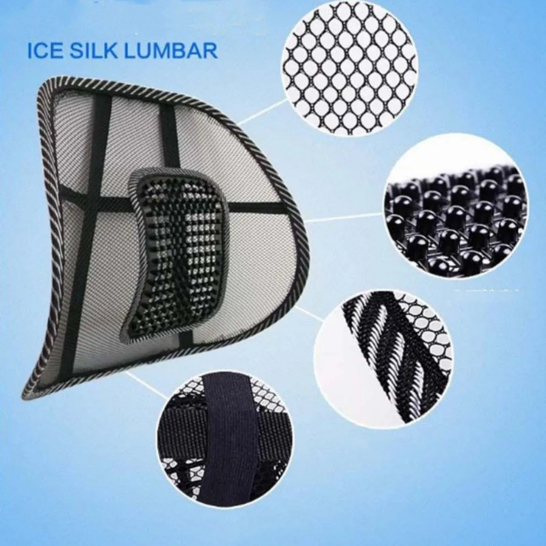 Black car lumbar support pillow with leather exterior and steel wire frame for adjustable back support