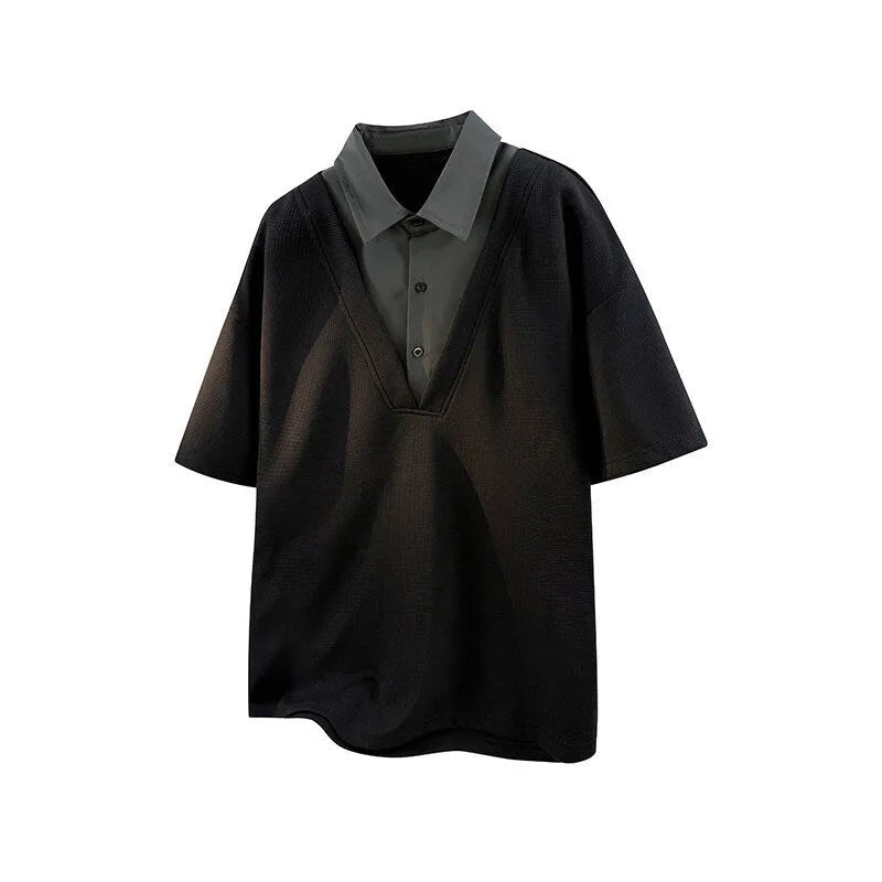 Men's black thin spandex polo sweater featuring a heavy Henry collar and short sleeves.