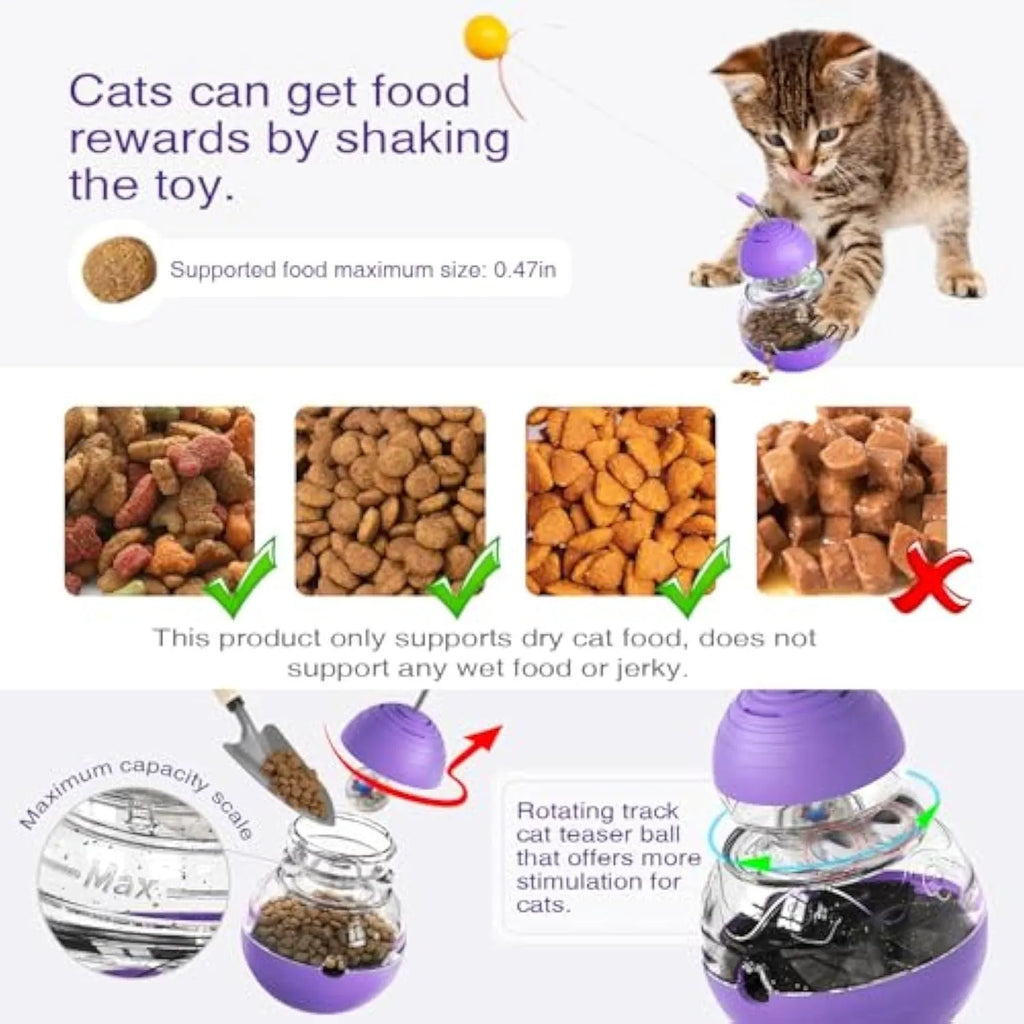 Electric yellow cat interactive wand toy with rocking base, teasing stick, and built-in food dispenser