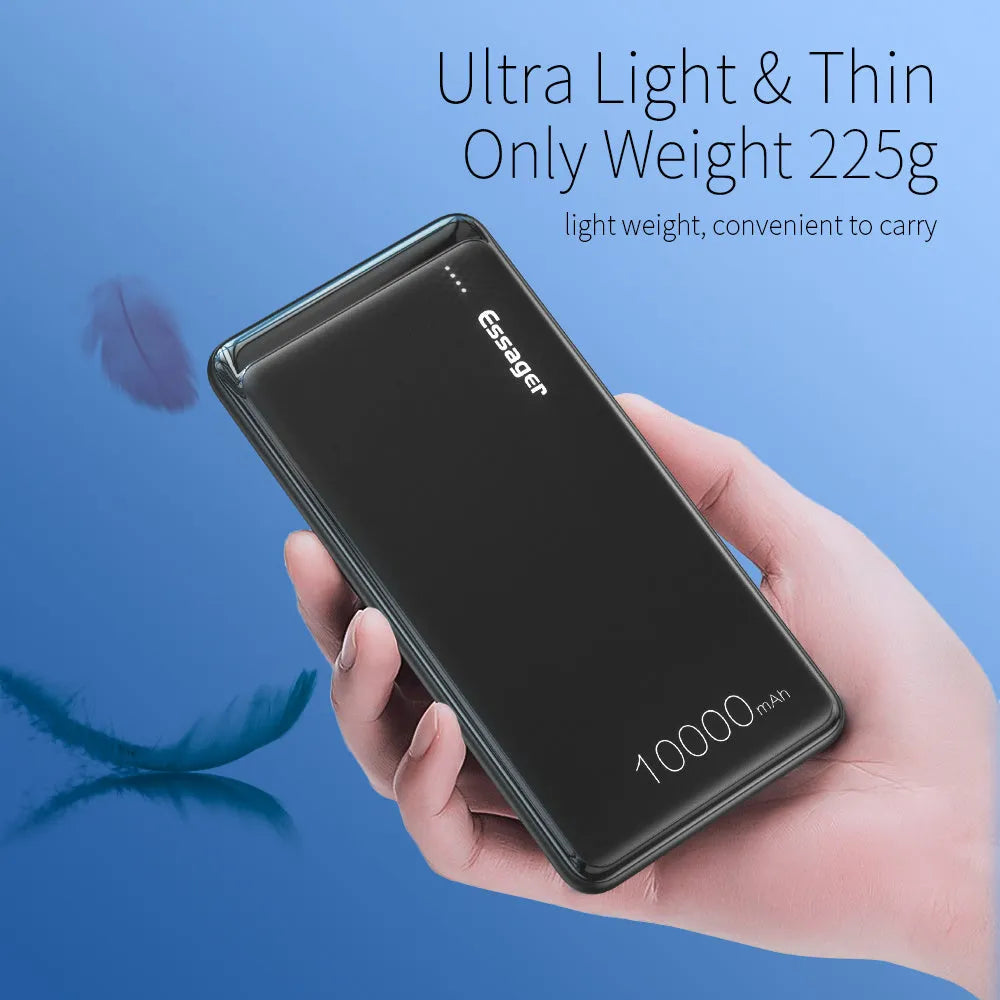 Black or white Essager 10000mAh portable power bank showing dual USB ports and LED indicator lights.