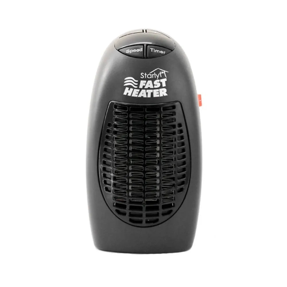 Black mini electric heater with digital display and a rotating three-prong plug on a white background.