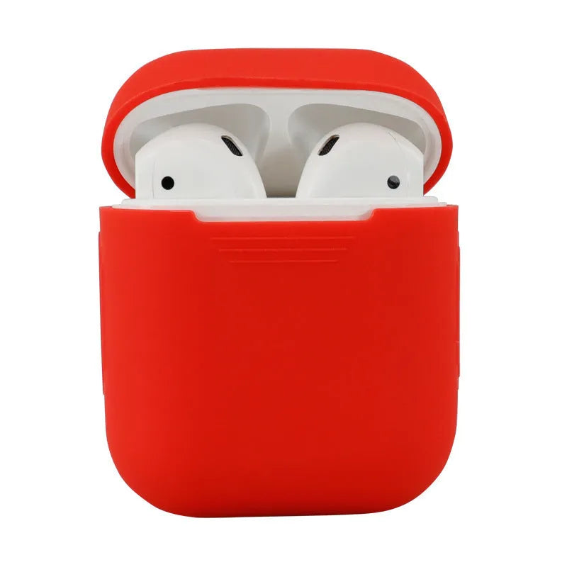 Silicone protective case for AirPods 2 wireless earbuds in assorted colours on a white background.