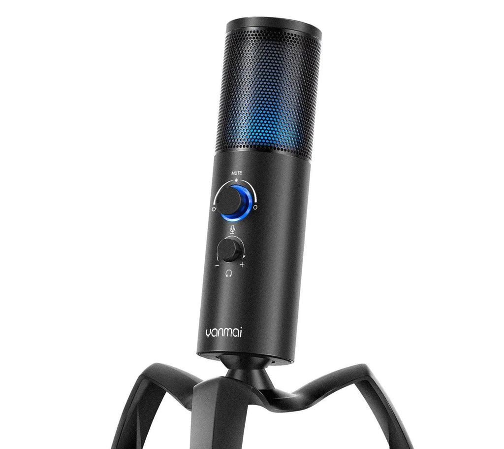 Black Q18 USB condenser microphone with RGB lighting on adjustable metal tripod