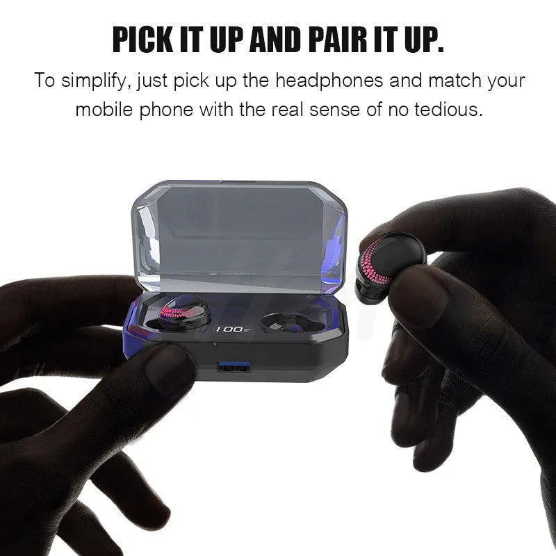 Black Bluetooth headset with charging case showing 8-hour call time and 100-hour standby specifications