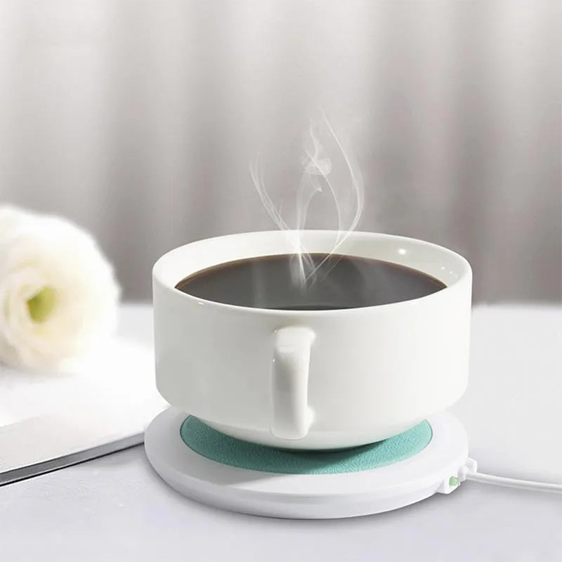 USB heating coaster in black, blue, and orange colours with insulated design