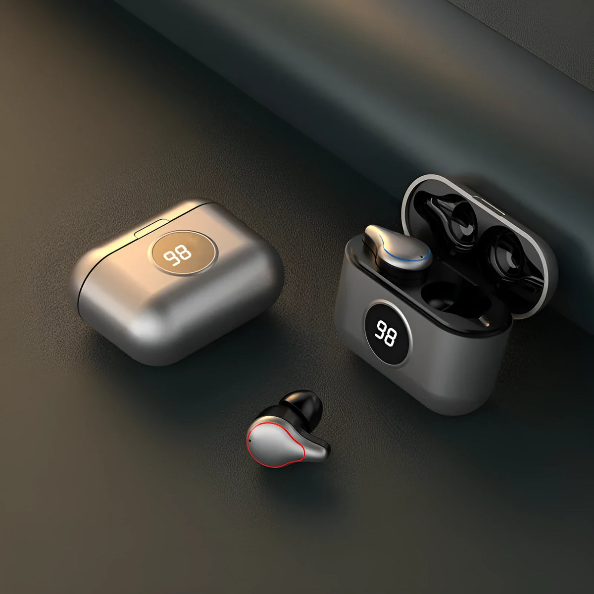 Black and blue in-ear Bluetooth stereo headset displayed as a business or personal gift.