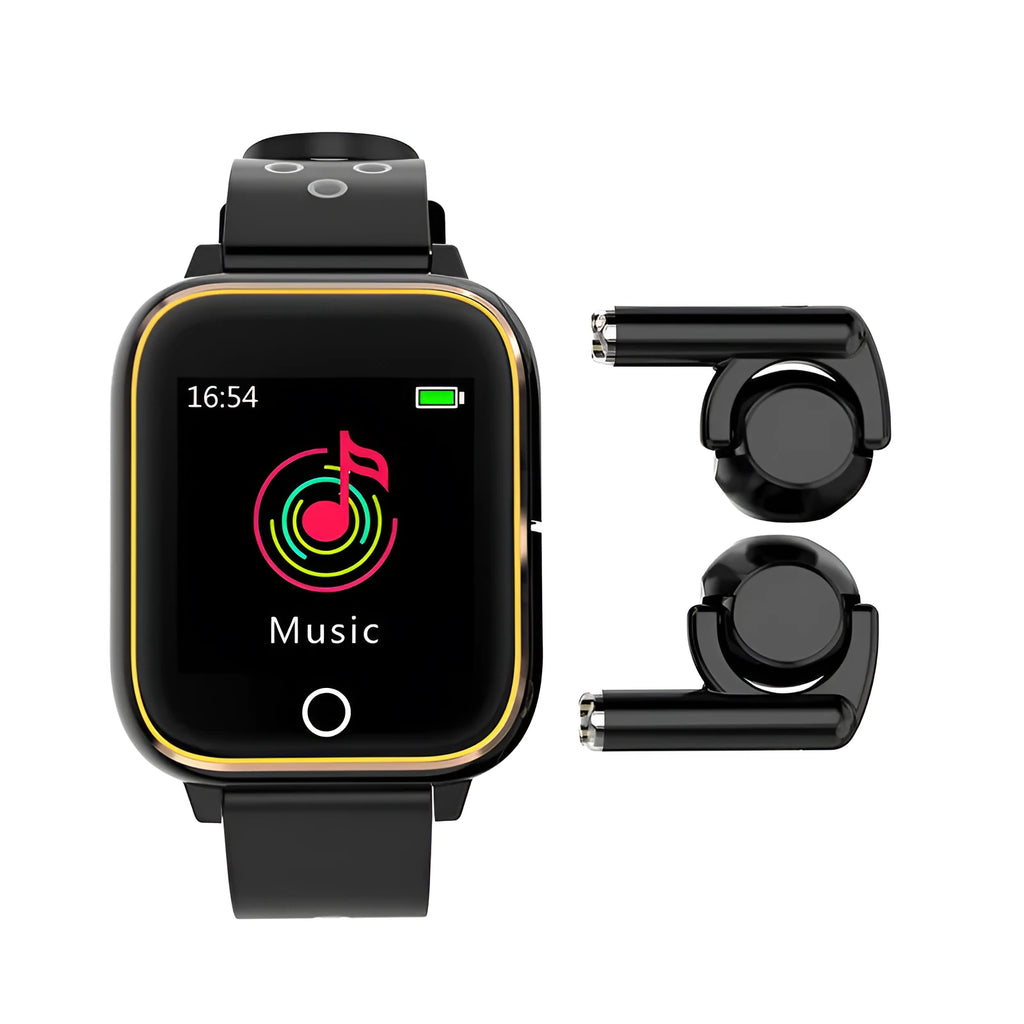 Black smartwatch with Bluetooth earbuds stored in the watch casing, showing the 1.4-inch screen.