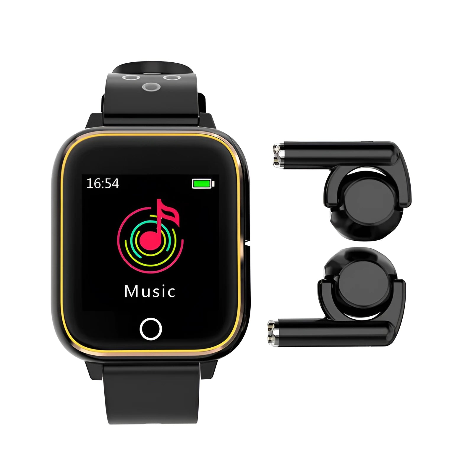 Black smartwatch with Bluetooth earbuds stored in the watch casing, showing the 1.4-inch screen.