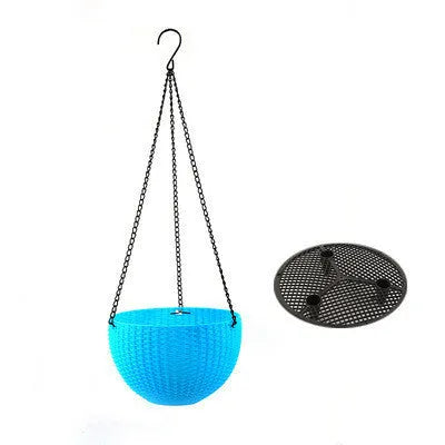 White hanging plant basket with inner tank and metal chain, showing 210mm diameter.