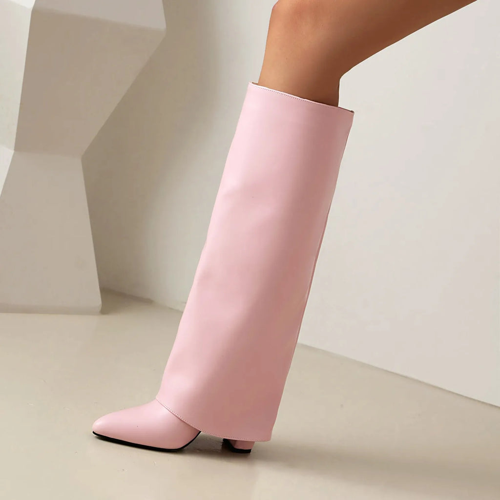 Women's plus size thick high heel boots in black with high calf length and sewing line details