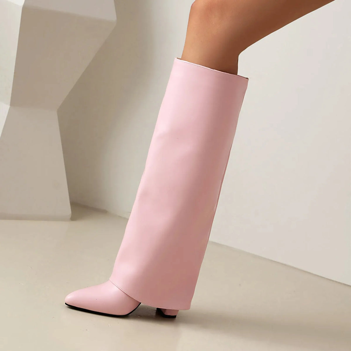 Women's plus size thick high heel boots in black with high calf length and sewing line details