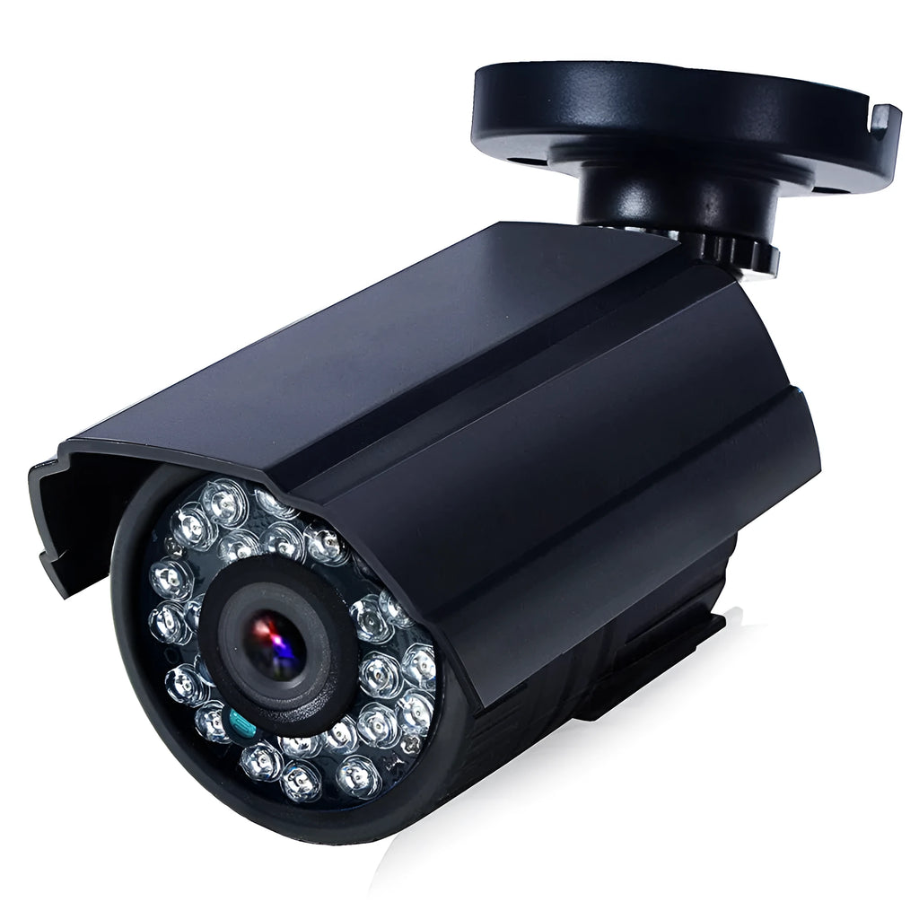 Black HD waterproof security camera with infrared LEDs and a fixed lens for outdoor surveillance.
