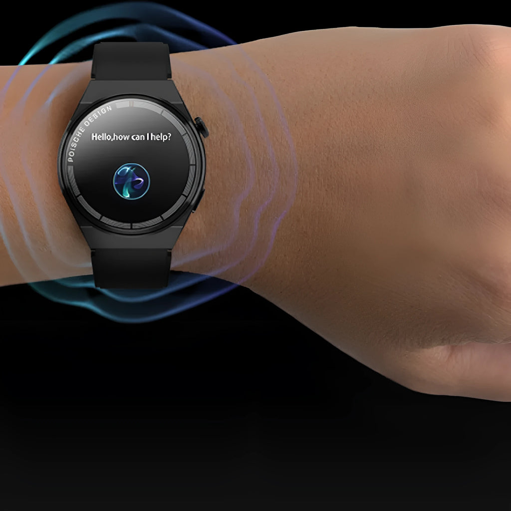Black smartwatch with circular 1.39-inch screen on a silicone strap, showing call and payment functions.