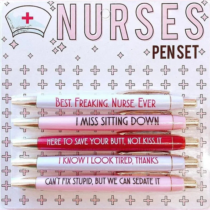 Set of five white nurse theme ballpoint pens with retractable tips.