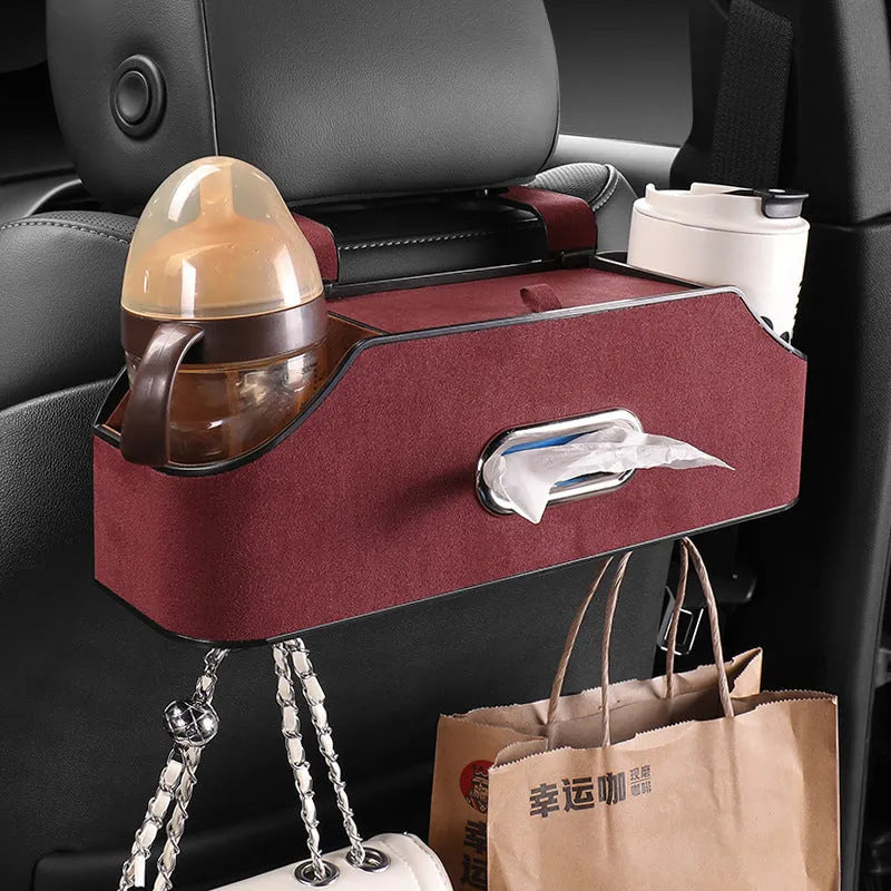 Genuine leather car tissue box with integrated water cup holder in suspended storage configuration