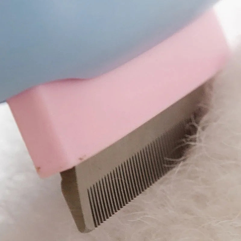 Blue double-sided pet grooming brush showing deshedding rake and dematting comb sides